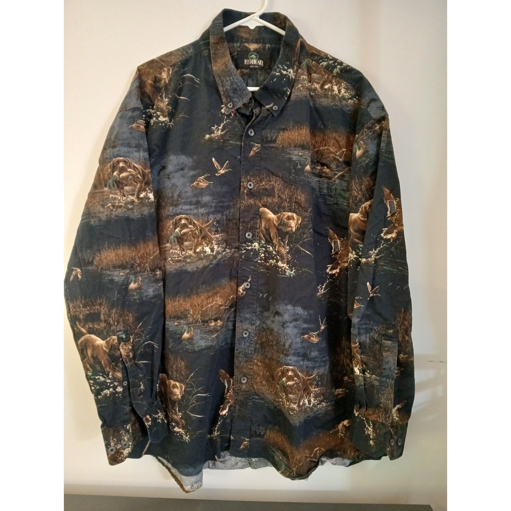RedHead Mens 3XL Button Down Shirt Hunting Dog Duck All Over Print Cotton